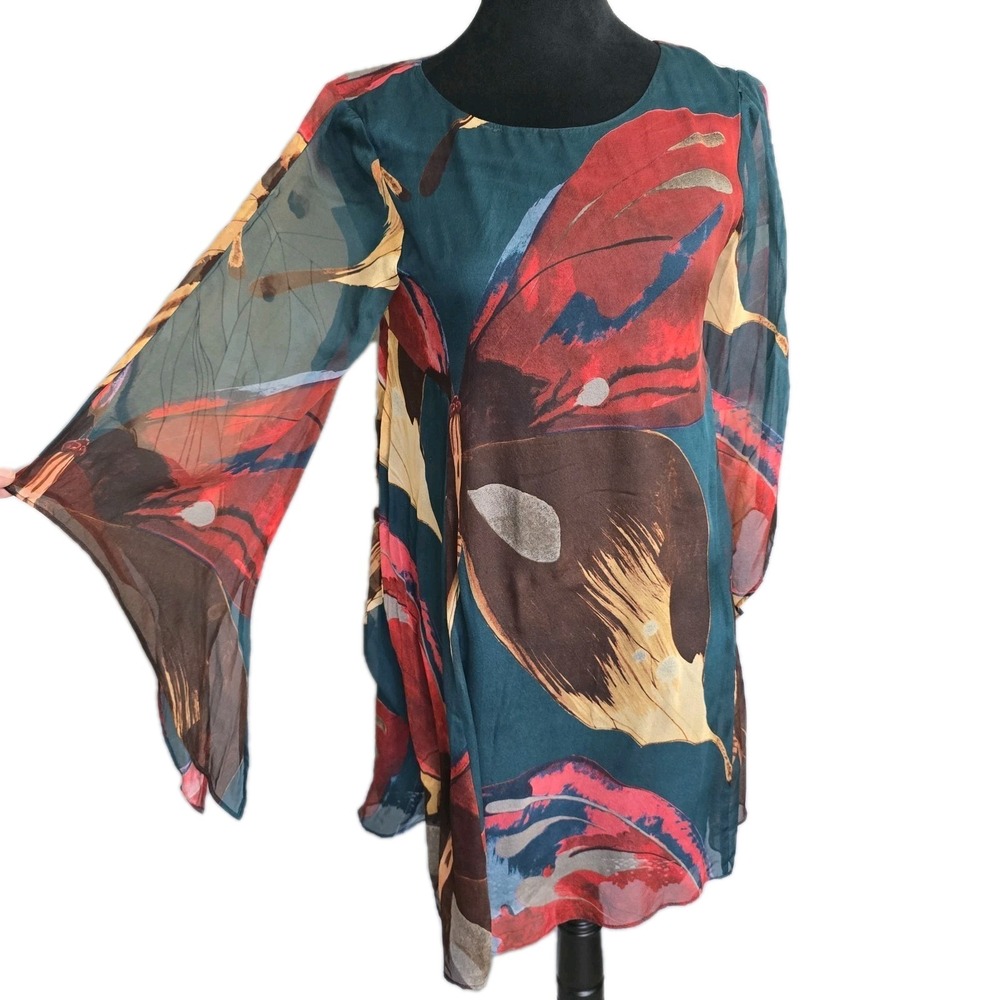 Anthropologie Moulinette‎ Soeurs Silk Chiffon Butterfly Dress 4 Teal Red Gypsy